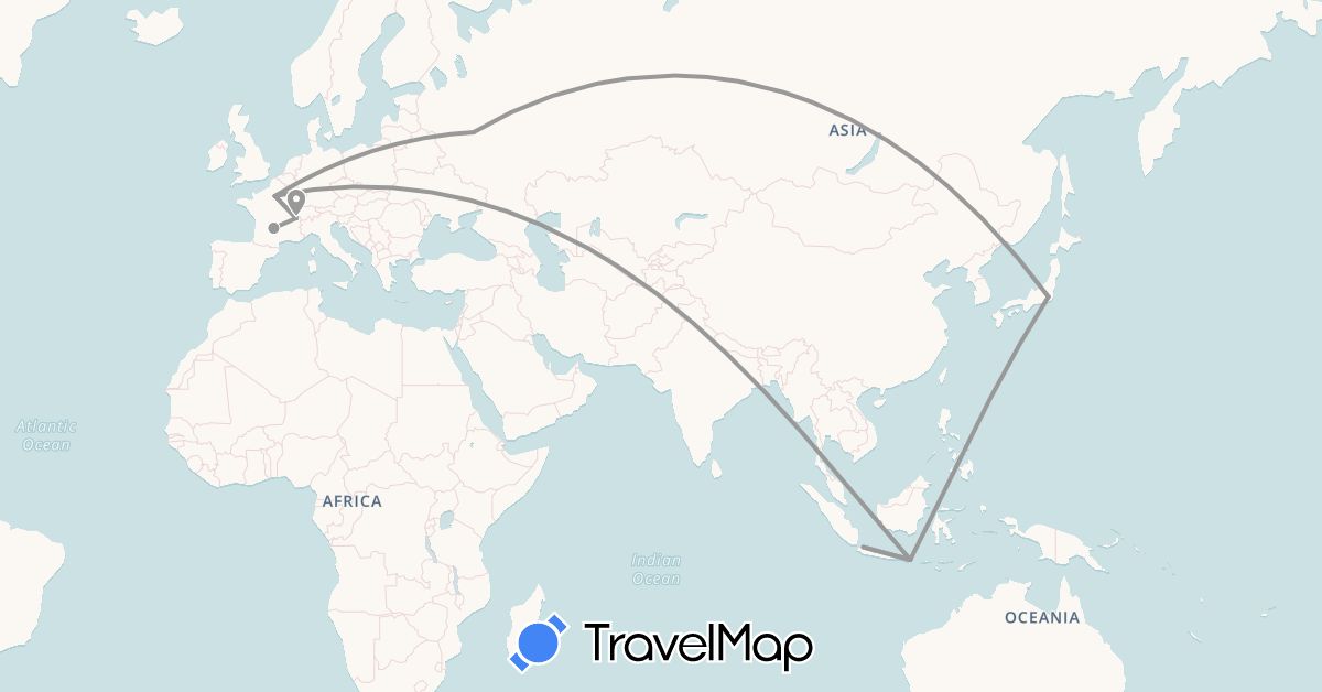 TravelMap itinerary: plane in Switzerland, France, Indonesia, Japan, Russia (Asia, Europe)